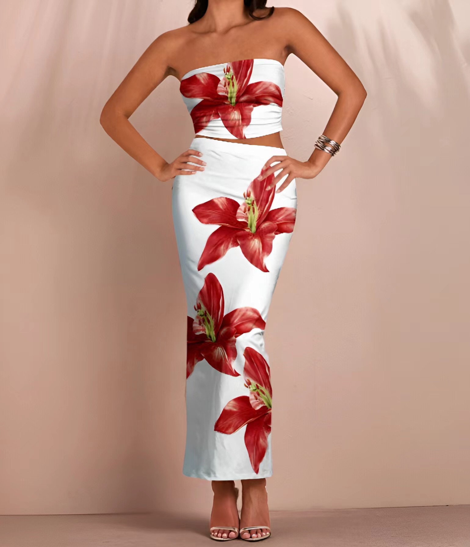 280g Weight Sleeveless Sleeve Length Spandex, Polyester Fabric Type Skirt Co-ord Set Sets Type 2 Pieces Set Quantity Holiday Occasion Strapless Neckline Slim Fit Type Flower Pattern Summer Season Women's Gender Elegant Style Holiday Women's Elegant Flower Spandex Polyester Skirt Co-ord Set Skirt Sets 9