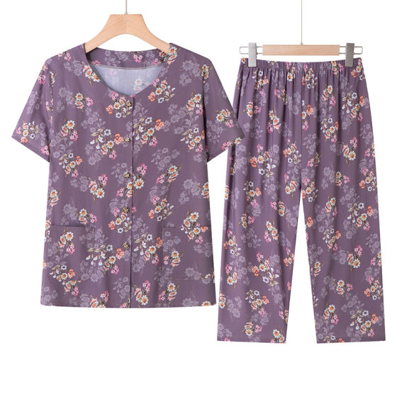 Grandma Summer Cotton Silk Short-sleeved suit Middle-aged and Elderly Female Mother Cardigan Artificial Cotton Old Lady Pajamas Two-piece Set