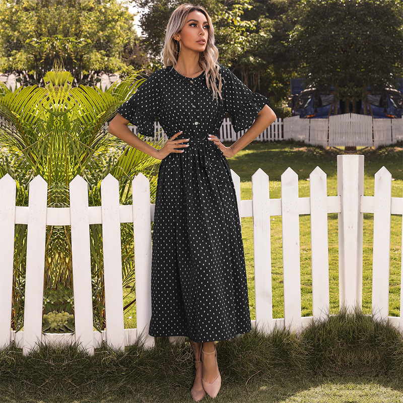 polka dots short-sleeved tie-up belt dress  NSYMR48807