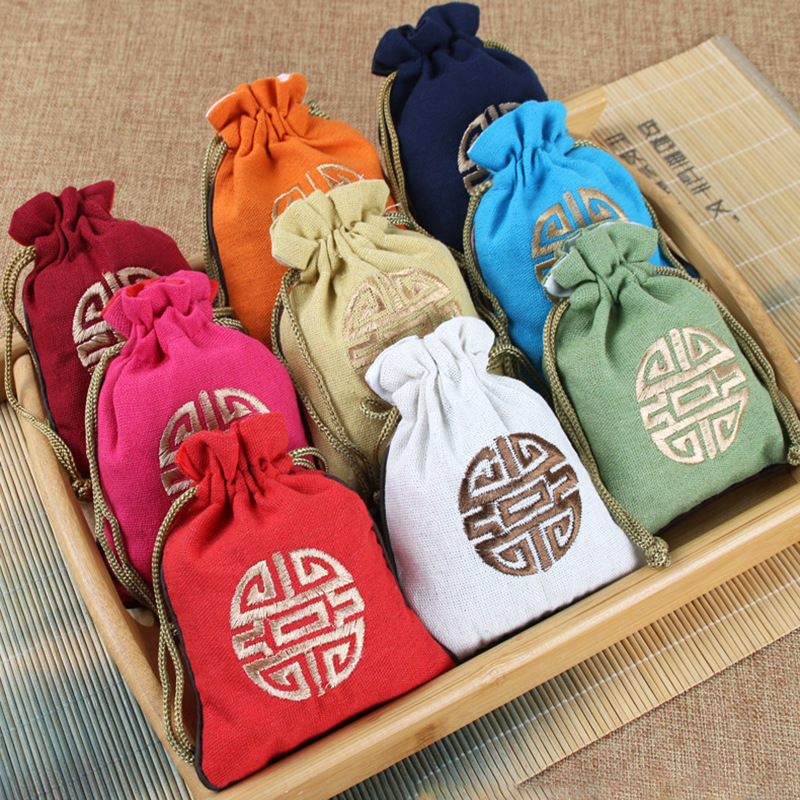 Cotton and Linen Drawstring Small Cloth Bag Embroidered Bead Gift Bag Lucky Bag Cultural Toy Jewelry Storage Bag Wholesale