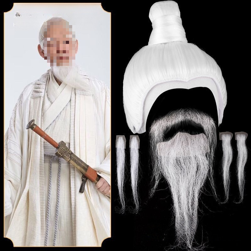 Hand Hook Performance White Film and Television Beard Photography Headgear Full Set Natural Zhuge Liang Fahai Costume Male Wig Cos