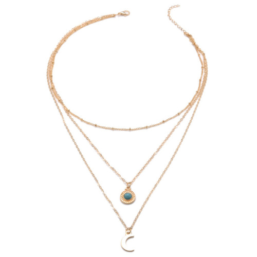 Trendy, Versatile European & American-style Accessories: Instagram-Favorite Turquoise Multi-Layer Necklace for Women – Featuring a Chic Metal Moon Pendant Choker