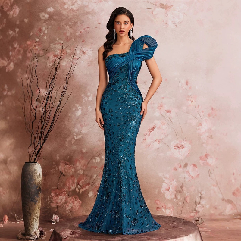 Light Luxury Long Gown with One-Shoulder Sequins, Blue Mermaid Evening Dress, Red Carpet Graduation Ball Gown Light Luxury Long Gown with One-Shoulder Sequins, Blue Mermaid Evening Dress, Red Carpet Graduation Ball Gown
