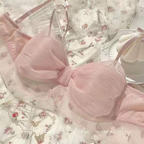 Pure Desire Bow Girl Thin Push-up Wireless Bra Set Breathable Mesh Small Breast French Underwear
