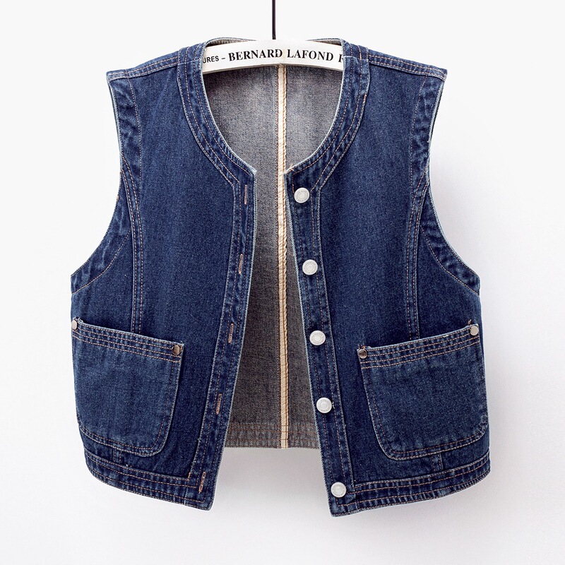 2025 Spring/Summer New Women's Short Versatile Slim Fit Round Neck Sleeveless Denim Vest Cardigan Pocket Top Trend