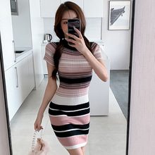 跨境毛衣连衣裙2024夏季新款名媛时尚修身显瘦包臀条纹针织铅笔裙