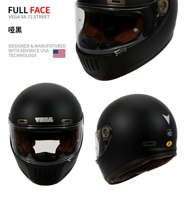 American Vega Motorcycle Retro Helmet, Full-Face Helmet for Men and Women, Motorcycle Cruising Helmet, Four-Season Bluetooth, National Trend 3C, Glossy Black
