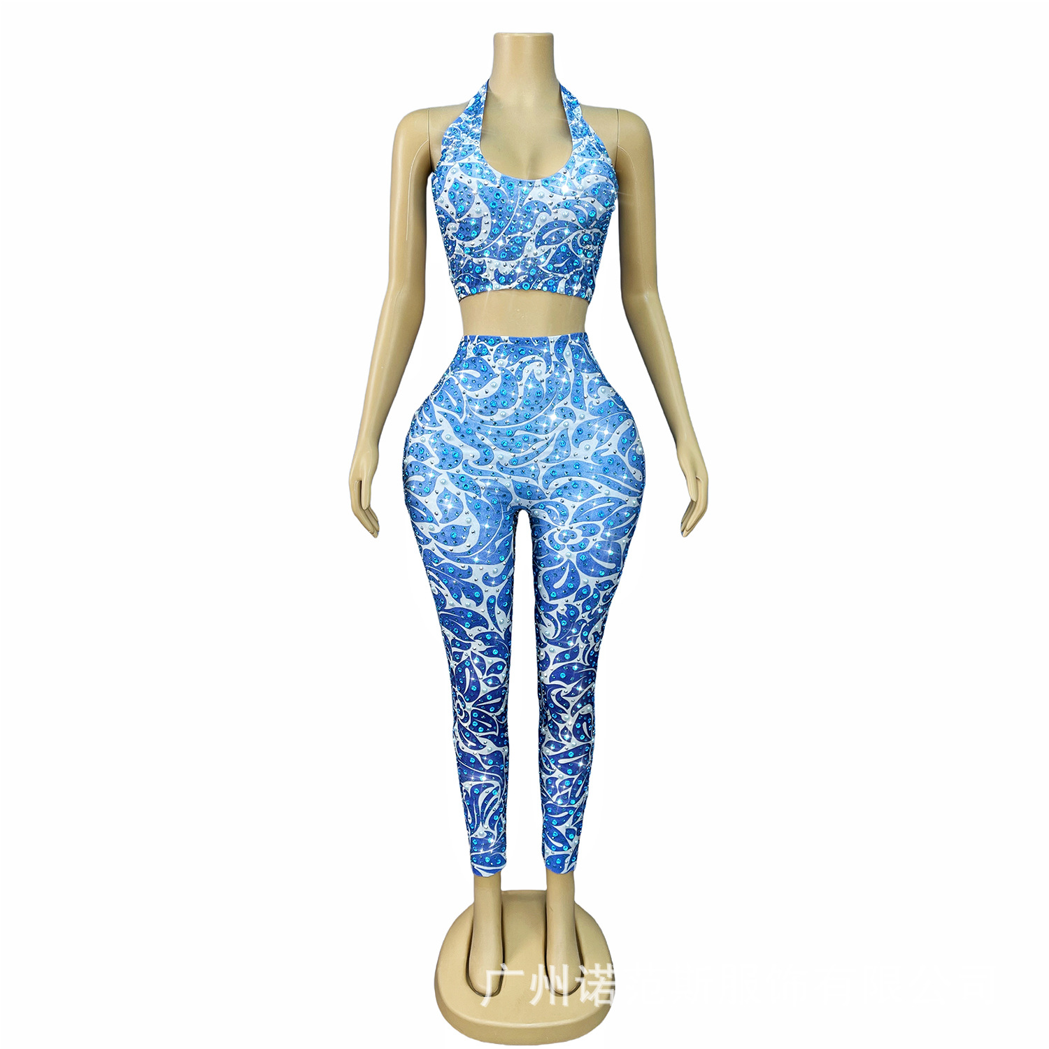 Overseas Popular Blue Pearl Diamond Halterneck Slim Waist-Revealing Suit Marathon Jiu-Jitsu Acrobatics Stage Performance Suit