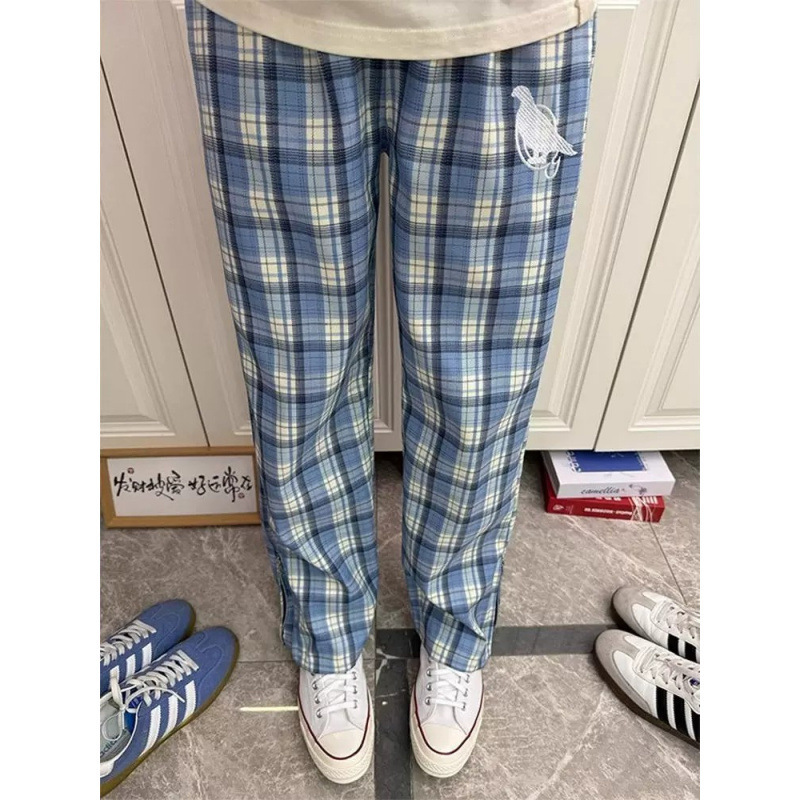 American-style North Carolina blue plaid pants for men, suitable for all seasons, with a high-end feel, side zipper, straight-leg, slightly flared, casual sports trousers American-style North Carolina blue plaid pants for men, suitable for all seasons, with a high-end feel, side zipper, straight-leg, slightly flared, casual sports trousers