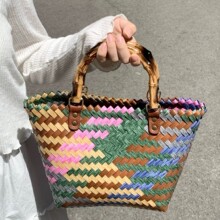 新款复古编织篮六彩竹节把伴手礼收纳包篮子包手提沙滩包草编包