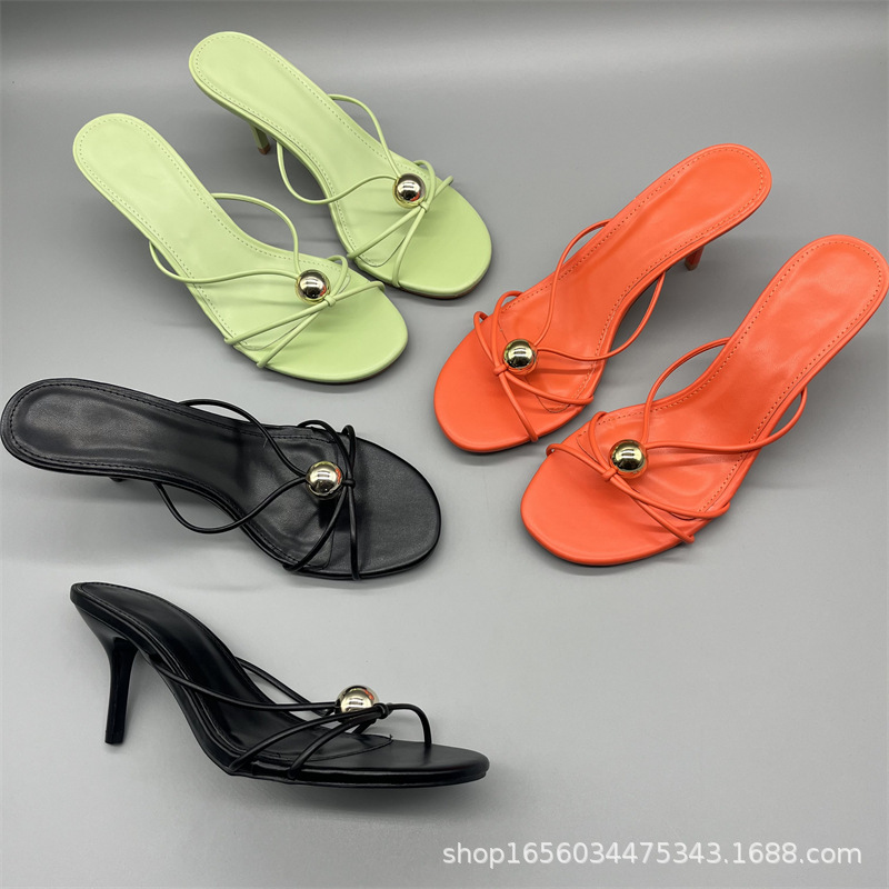 Foreign Trade Open-Toe Sandals, Vacation Style Thin Strap Ball Buckle Three-Color Summer Outer Wear High-Heeled Lady Sandals for Women