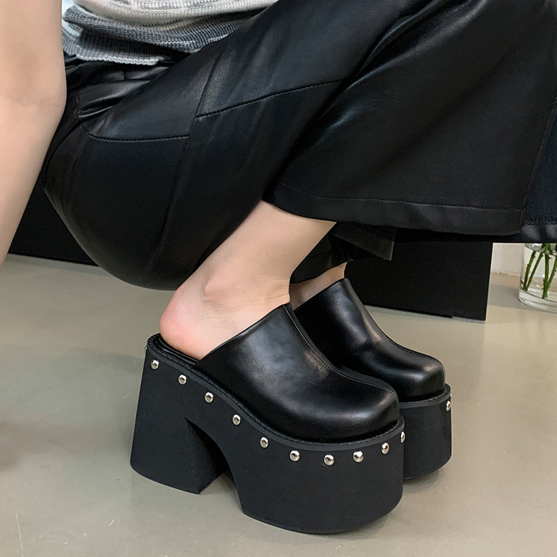 AliExpress foreign trade autumn and winter 11cm super high heel muffin thick bottom thick heel waterproof table rivet cross-border Baotou slippers AliExpress foreign trade autumn and winter 11cm super high heel muffin thick bottom thick heel waterproof table rivet cross-border Baotou slippers