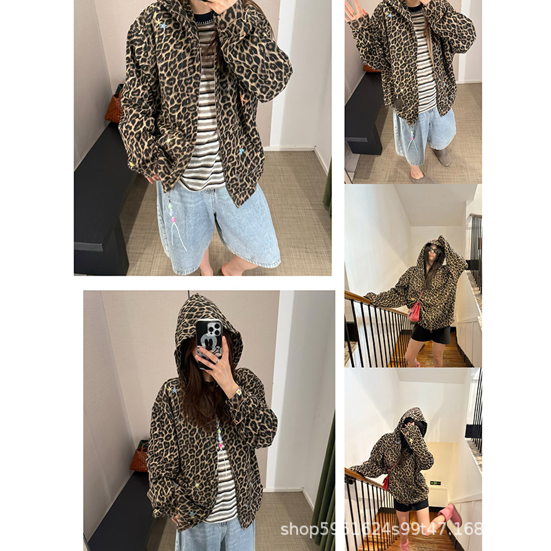 Ready to Ship! 25 Autumn New Collection Ocean Print Rhinestone Leopard Print Hooded Cardigan Top for Women