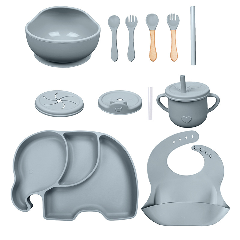 Conjunto de cubiertos para niños tazón de alimentos suplementarios platos de silicona tazón de cuchara de tenedor bib taza de agua de grado alimenticio para bebés alimentación suplementaria