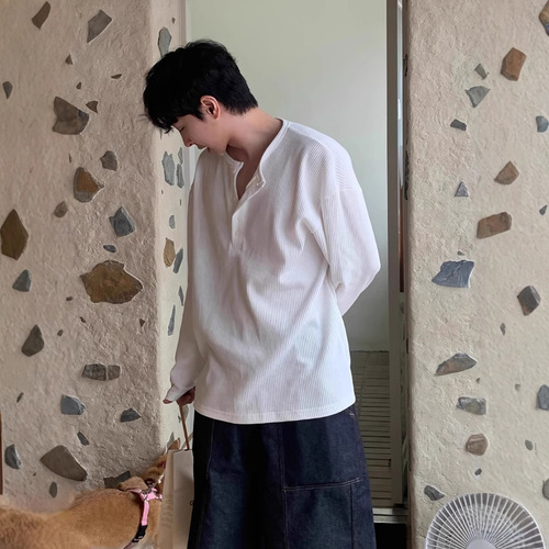 Men's High-End Honeycomb Henley Collared Striped Long-Sleeve T-Shirt Spring and Autumn Season Korean Style Casual Loose Solid Color T-Shirt