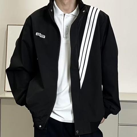 Spring and Autumn Fashionable Vertical Collar Three Bars Stripe Stitching Embroidery Small Label Couple's Fashionable Brand Twill Functional Jacket Male Student