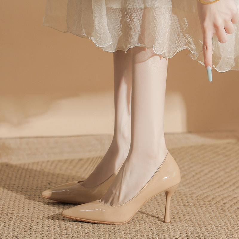 2025 New Pointed Toe Stiletto High Heels Large Size Plus Fat Plus Width Nude Patent Leather Versatile Women's Shoes Small Size Shallow Mouth