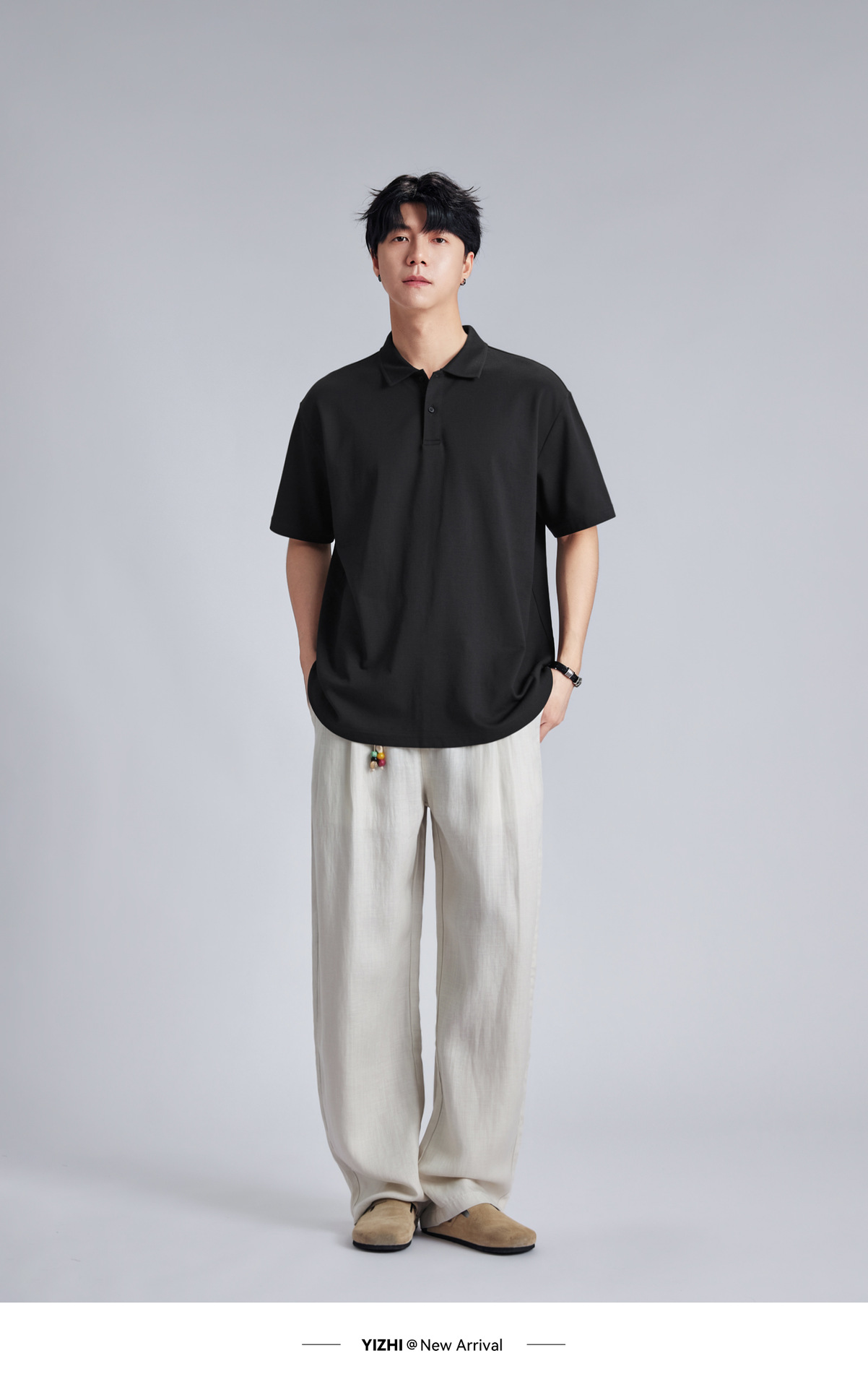 Áo polo nam cổ bẻ dáng rộng chất liệu cotton dày 220g, tay ngắn thoáng khí — đen chi tiết 19