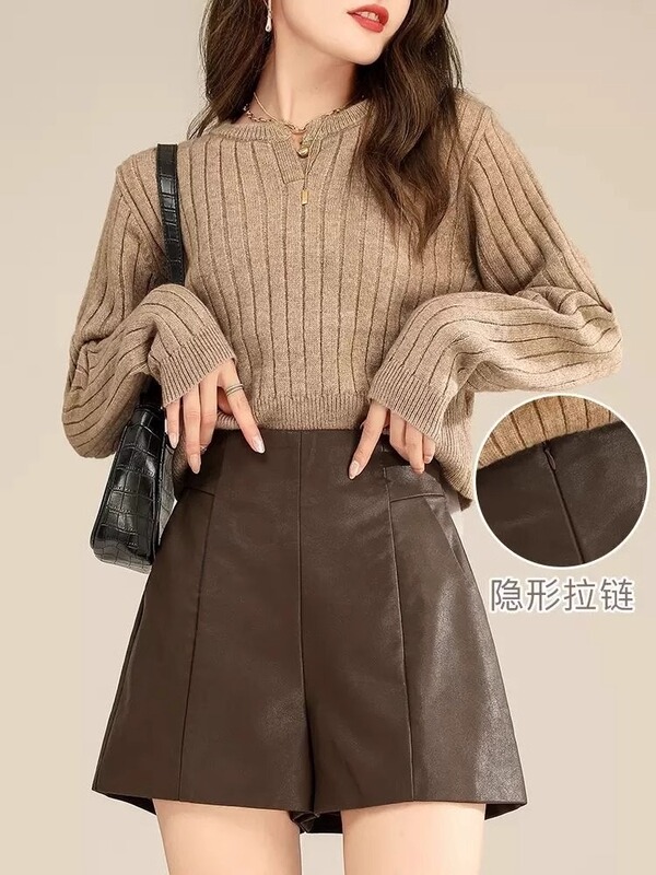 High Waist Leather Shorts Women's 2023 New Autumn and Winter A- Shaped Slim PU Leather Wide-Leg Pants Black Korean Style Outwear Pants