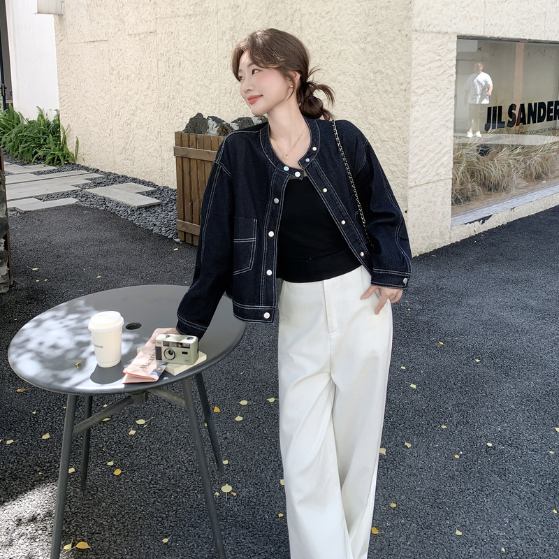 实拍复古深蓝色明线装饰牛仔外套2025秋款百搭休闲小个子休闲夹克|undefined