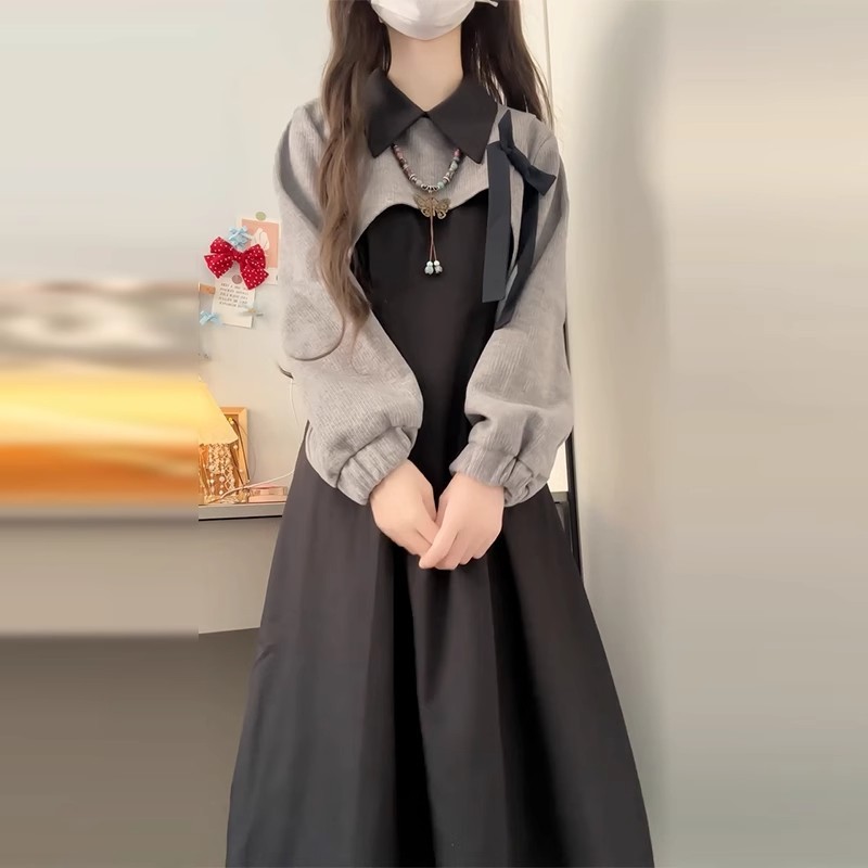 法式黑色长袖连衣裙子女秋冬季2025新款小个子入秋一整套穿搭套装|undefined