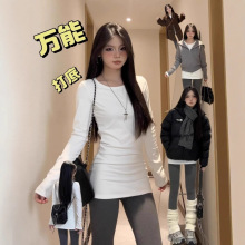 白色中长款圆领德绒保暖打底长袖女冬纯欲风内搭修身收腰上衣T恤