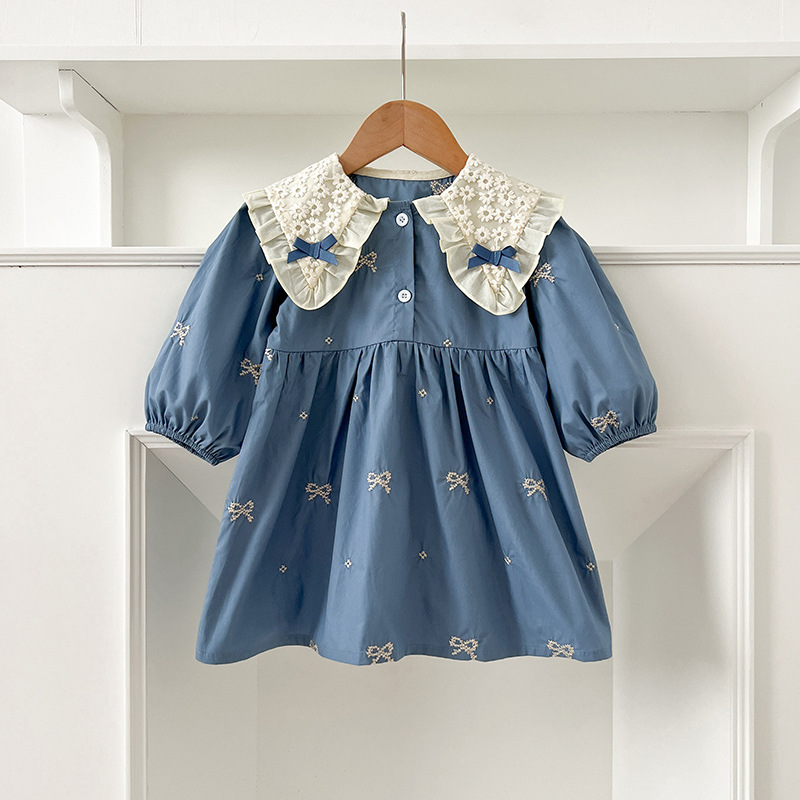 Vestido de niña de estilo coreano Primavera y otoño de manga larga mameluco del bebé collar de mariposa bebé niñas vestido bordado hermanas ropa
