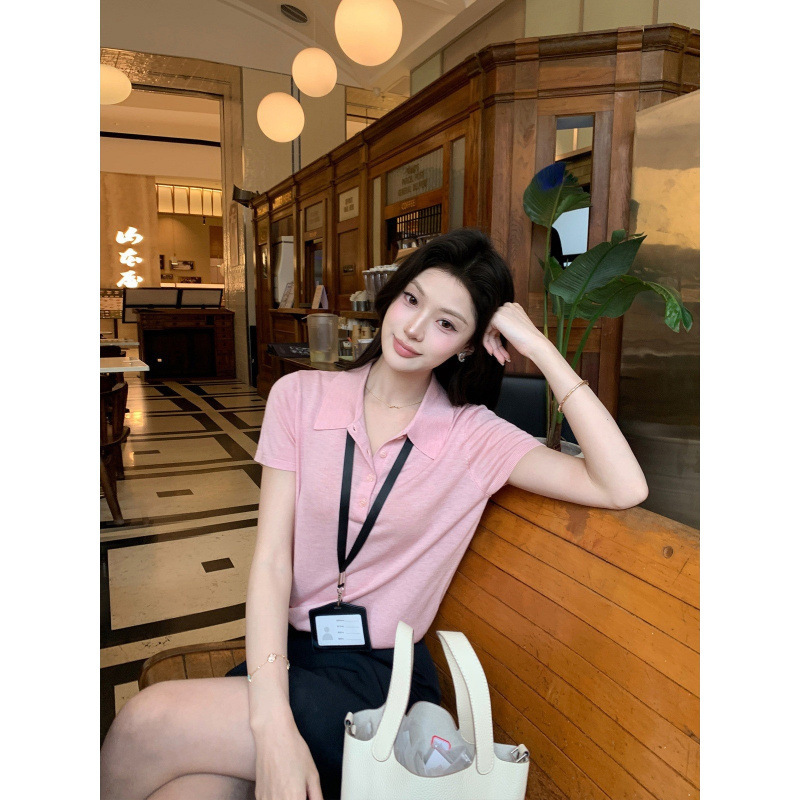 [In Stock] Exquisite Commuting Lyocell Wool Short-Sleeve Knit Shirt for Women, Slim Fit Short Polo Collar Top