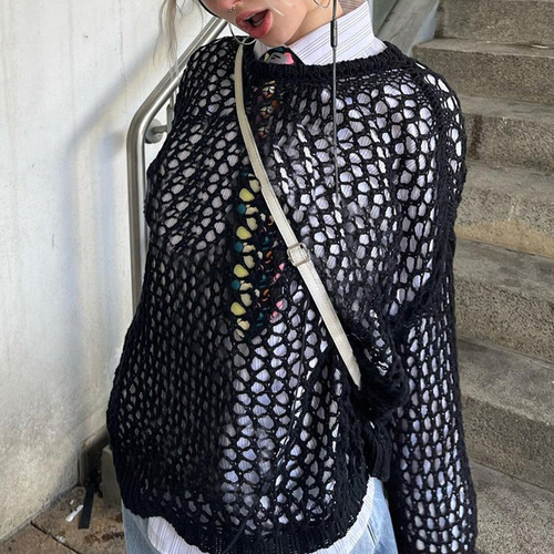 Elegant European and American Solid Color Sheer Loose Hooded Woolen Top for Women Autumn