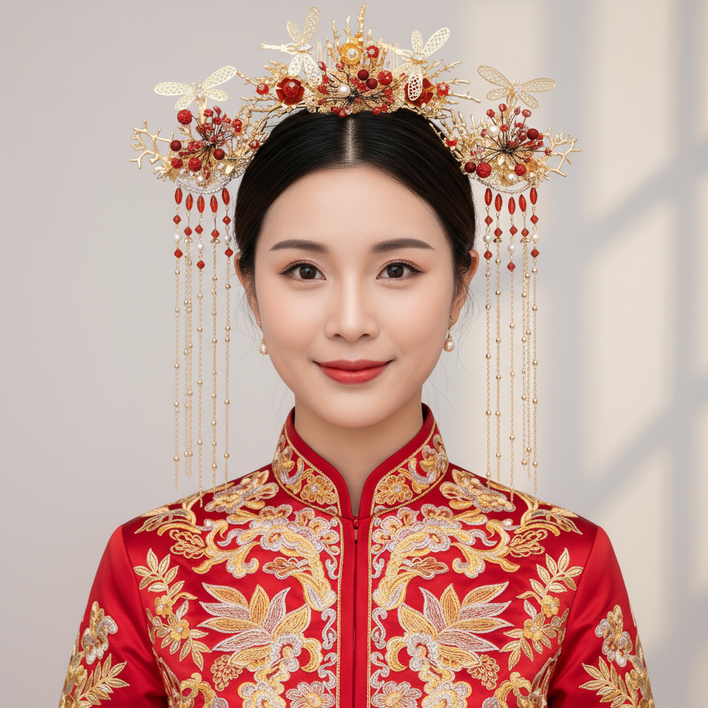 【拿样】团铭原创新款秀禾服头饰 中式新娘凤冠红色步摇流苏配饰