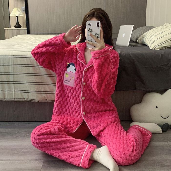 Pijamas de invierno al por mayor transfronterizos pantalones cardigans de manga larga dos piezas de franela gruesa y cálida ropa para el hogar