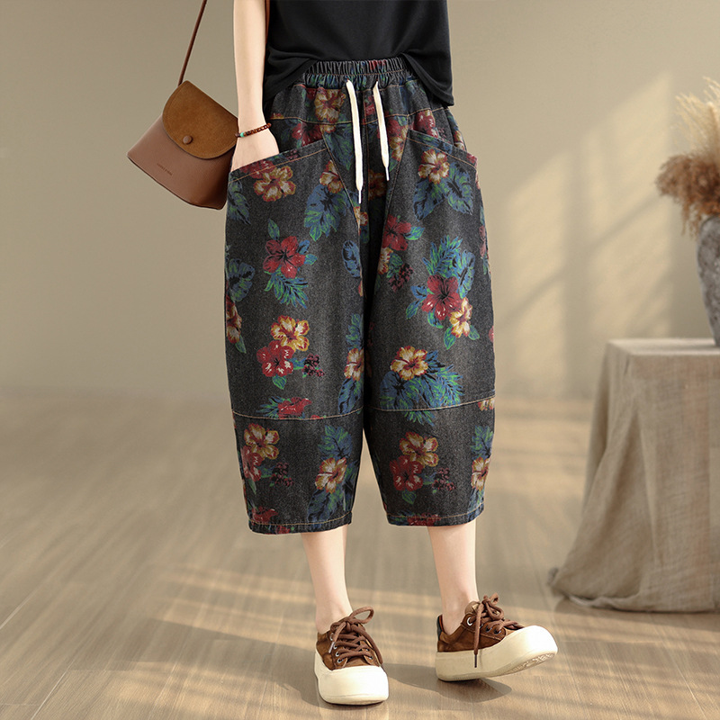 Real Shot of 2026 Summer Vintage Casual Elastic Waist Loose Drawstring Wide-Leg Pants High-Waisted Denim Capri Pants for Women