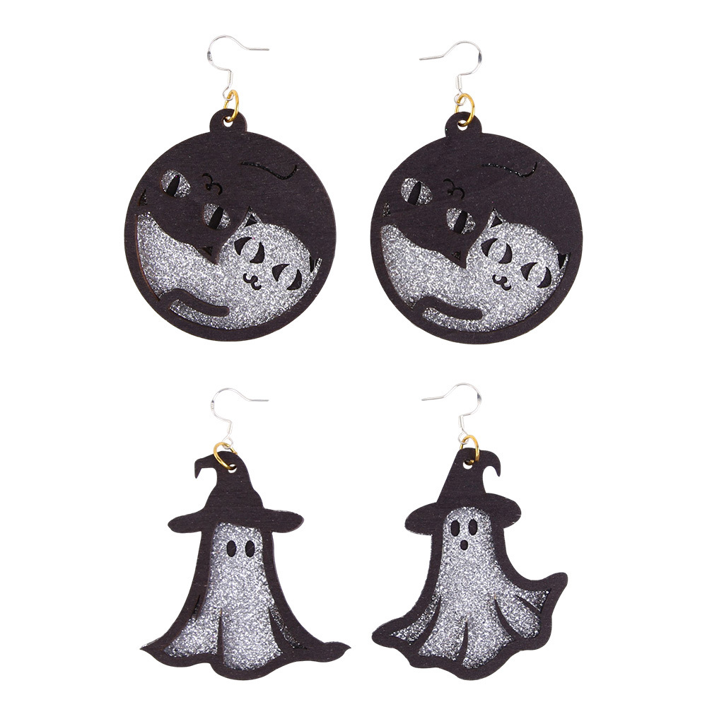 Pendientes de madera transfronterizos de Halloween polvo brillante de gato pendientes fantasma de fiesta de maquillaje decoración oscura aretes de viento