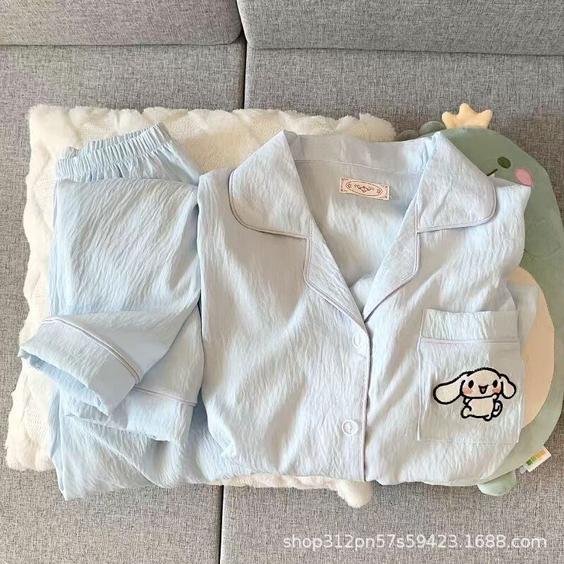 雲の綿のパジャマの女性のシンプルで甘いネットの赤い長袖のカーディガンの少女のカジュアルな薄いタイプの家庭服の2つのセット|undefined