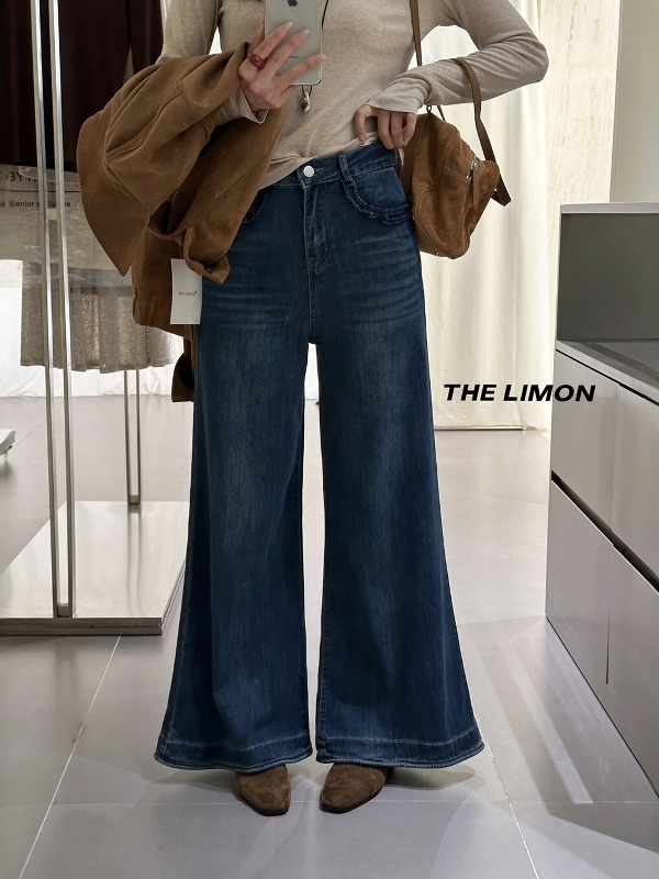 THE LIMON柠檬绿茶秋季韩系复古风百搭高腰宽松显瘦微喇牛仔裤女|undefined