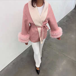 欧美跨境2025秋冬新款女装气质名媛系带毛毛袖口毛呢大衣外套女秋