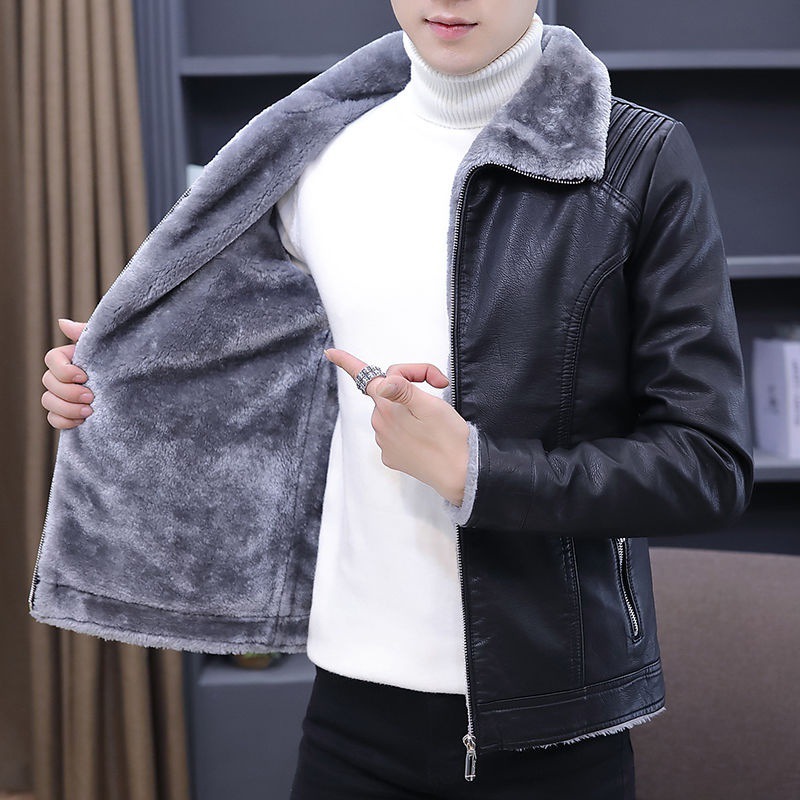 leather clothing winter Plush thickening man leather jacket Self cultivation Korean Edition Fur one locomotive coat Winter clothes