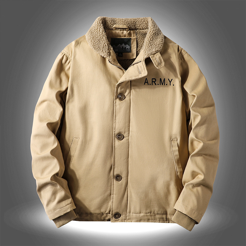 Winter cotton-padded jacket men's lamb fleece coat cotton-padded jacket lapel frock jacket men's fleece-lined thickened military uniform warm cotton-padded jacket