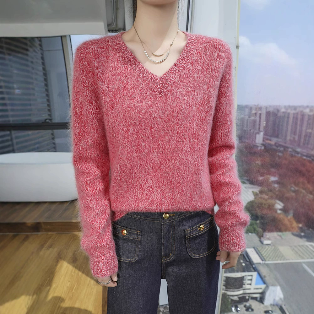 25 весенне-осенняя цветная пряжа V-образным вырезом норковый бархатный свитер простой стиль свободный тонкий трикотажный нижний свитер с длинными рукавами