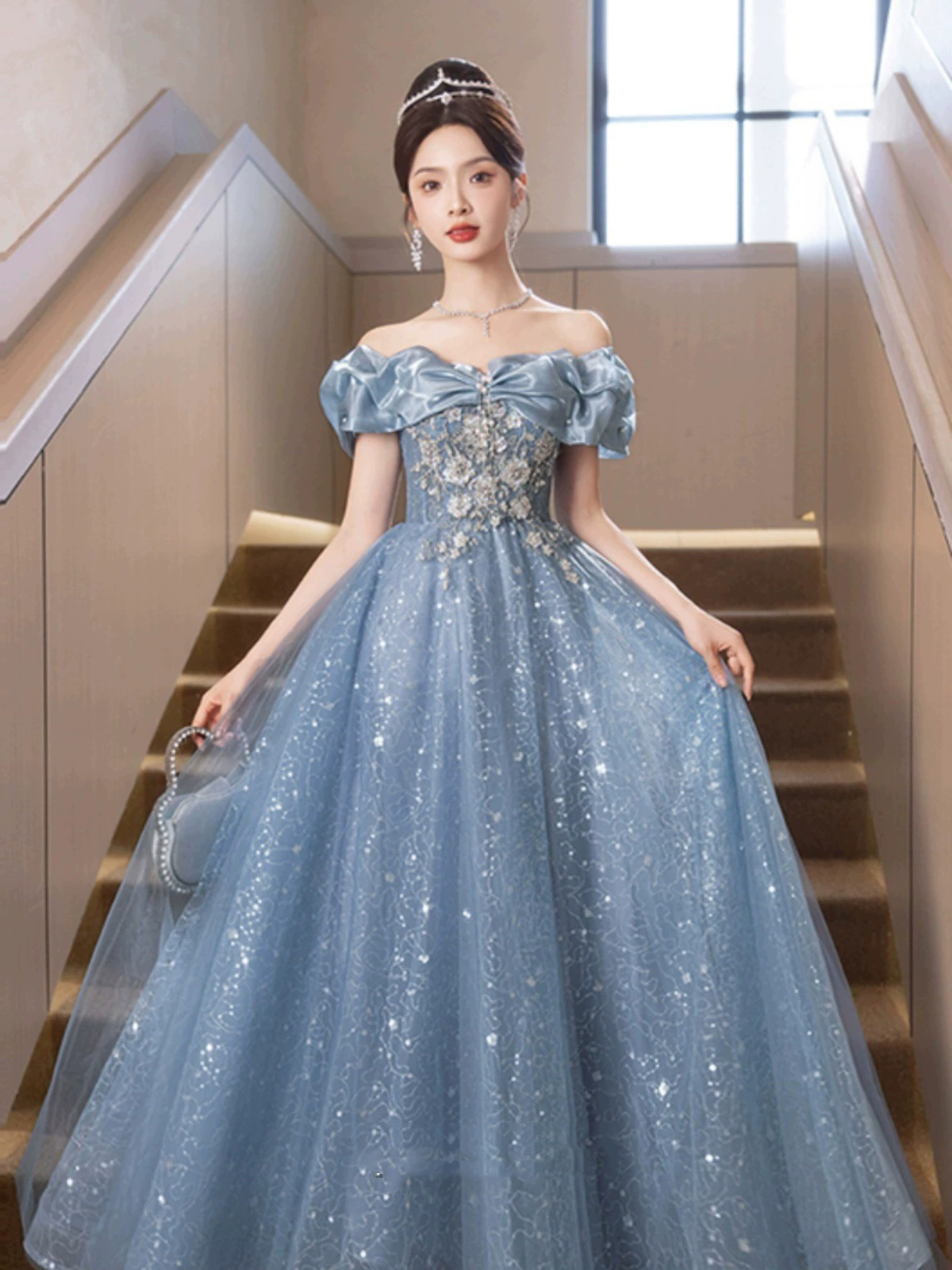 Blue elite evening dress, open shoulders, high-end