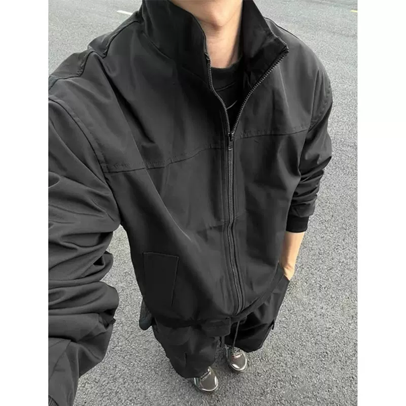 美式教练夹克外套男春秋立领冲锋衣纯色复古户外工装飞行外套男