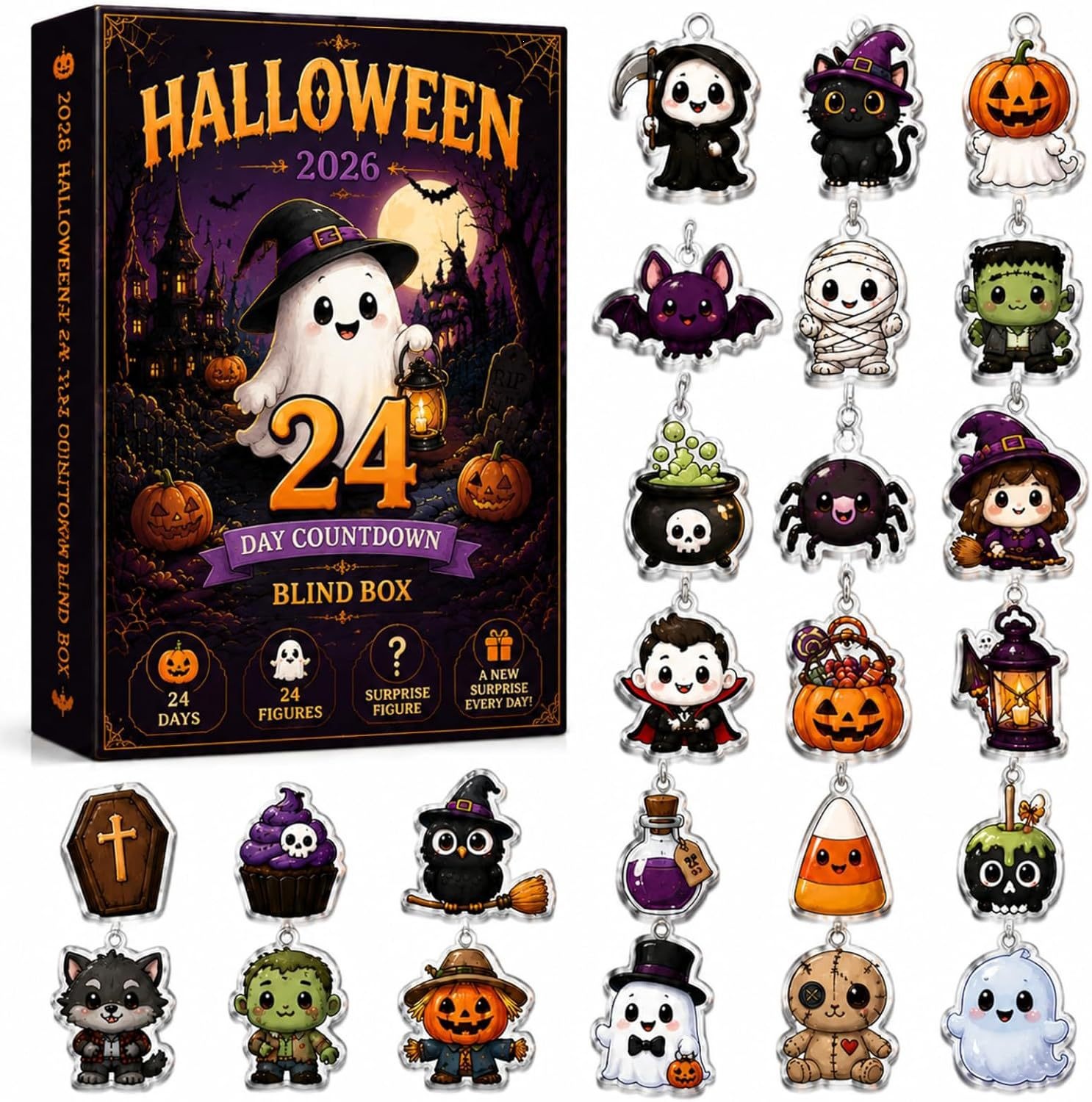 Chegaralararo Xellouin Advent Taqvimi 2026 Xellouin Ghost Highland Cow Countdown Blind Box S
