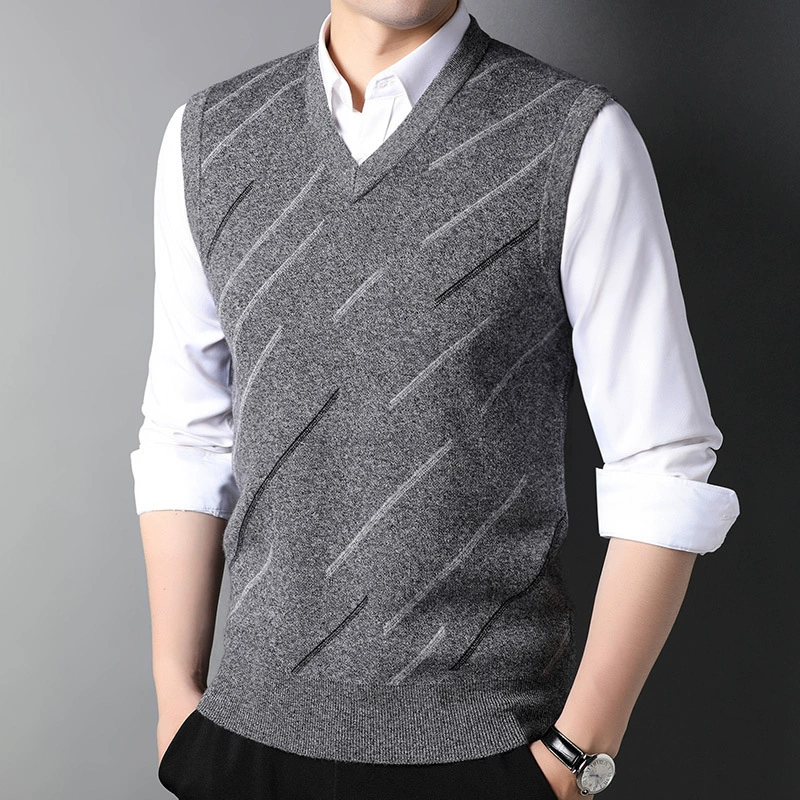 Мужской шерстяной жилет 2024 новый средний возраст V-образный вырез в полоску без рукавов жилет модный повседневный