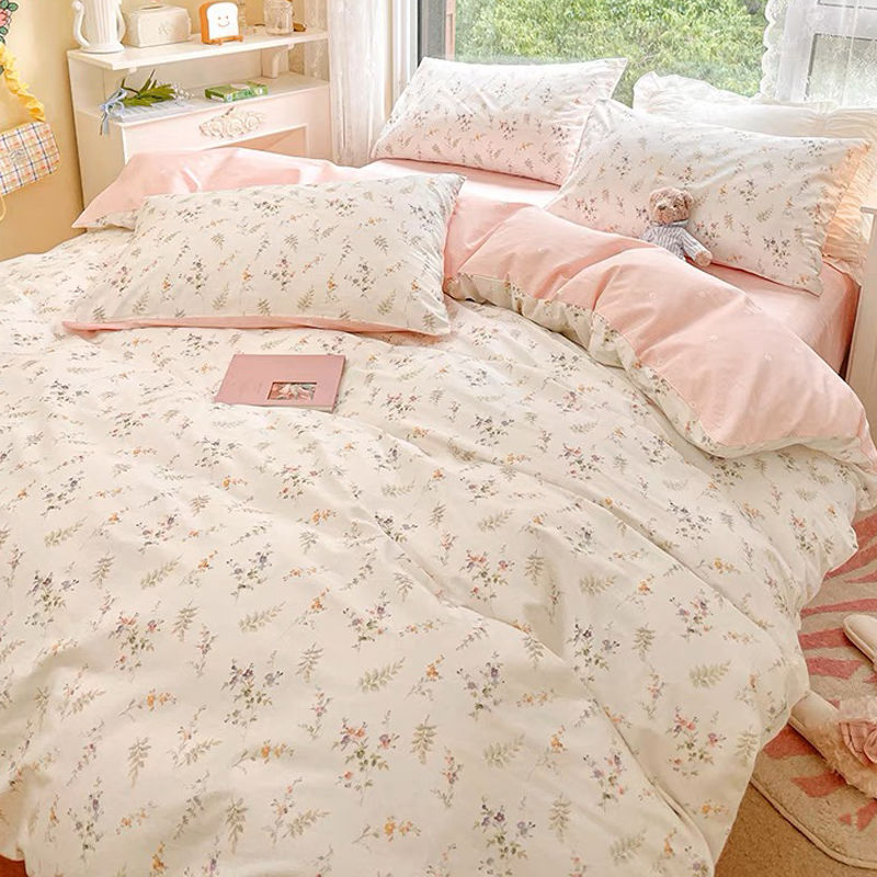 Pastoral Style Fresh and Simple Bed Sheet and Duvet Cover Four-Piece Set, Washed Cotton Student Dormitory Single Bed Forest-Style Bedding Three-Piece Set