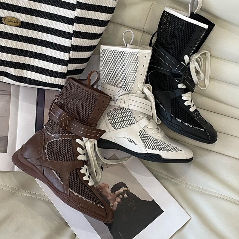 소가죽 버전 작은 사이즈 내부 높이 5CM 여성용 오리 사냥 부츠 2025 여름 인 메쉬 부츠 틈새 복싱 부츠 마틴 숏부츠