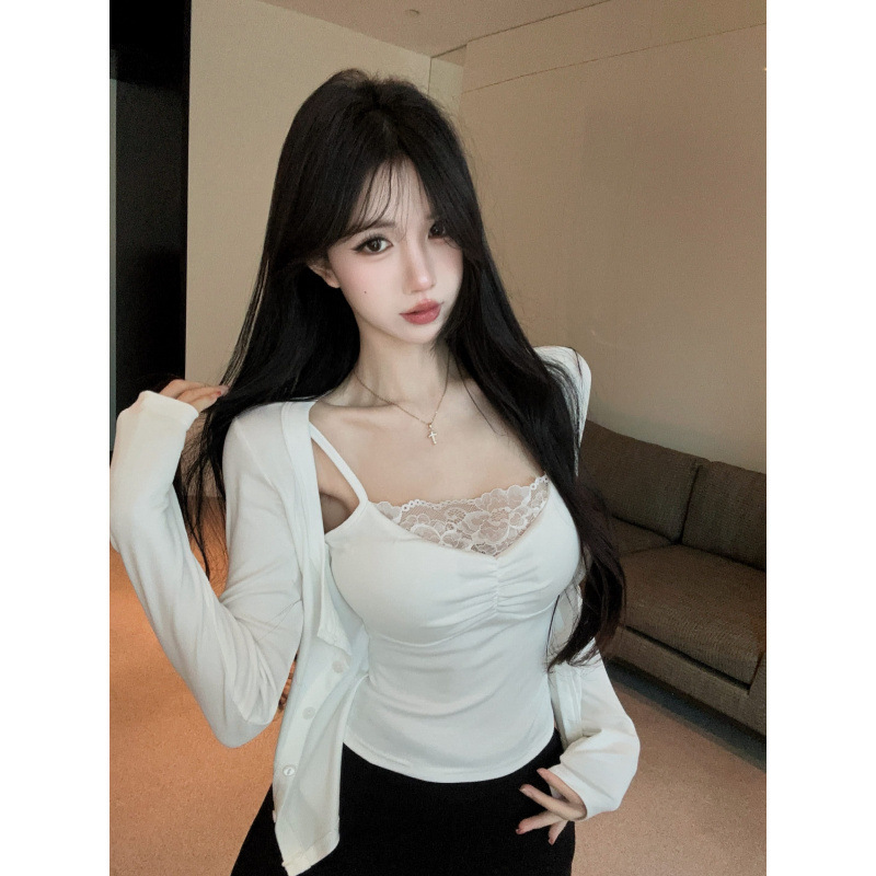 Real photos, real prices. New autumn design, stylish two-piece look with lace patchwork, women's cardigan, and slimming camisole top Real photos, real prices. New autumn design, stylish two-piece look with lace patchwork, women's cardigan, and slimming camisole top