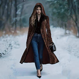 欧美秋冬季大衣亚马逊长款豹纹貂皮毛一体女时尚气质连帽长袖外套