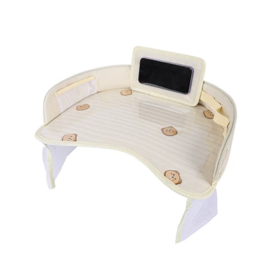 CAR children's safety seat tray car multi-function dining plate waterproof storage table baby stroller pallet table (Car table board) - beige-bear-round-embroidery