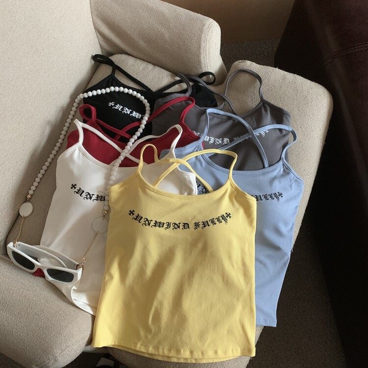 Solid Color Korean-Style Sexy Slimming Letter-Printed Tank Top with Cross-Back Design, Built-In Chest Pads, Versatile for Women Solid Color Korean-Style Sexy Slimming Letter-Printed Tank Top with Cross-Back Design, Built-In Chest Pads, Versatile for Women