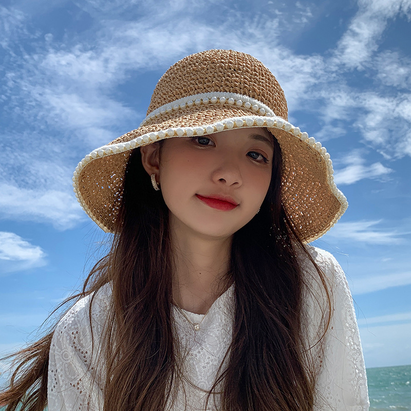 Hepburn Style Face-Slimming Hat For Women, Woven Pearl Straw Summer Thin Sunshade, Protection, Beach Fisherman Sun Hat, Cool_voghion.com